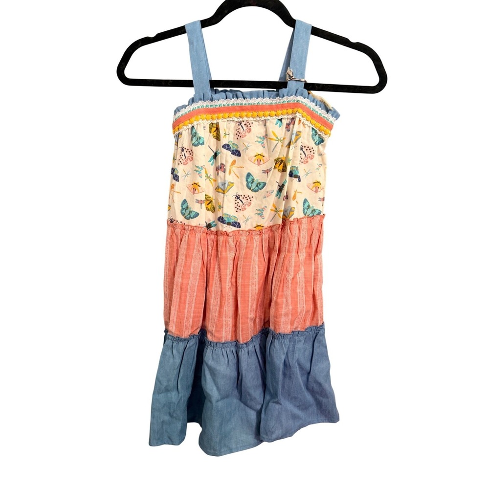 Matilda Jane Clothing Kids Dress Butterfly Dragonfly Pattern Tiered Ruffle Coral
